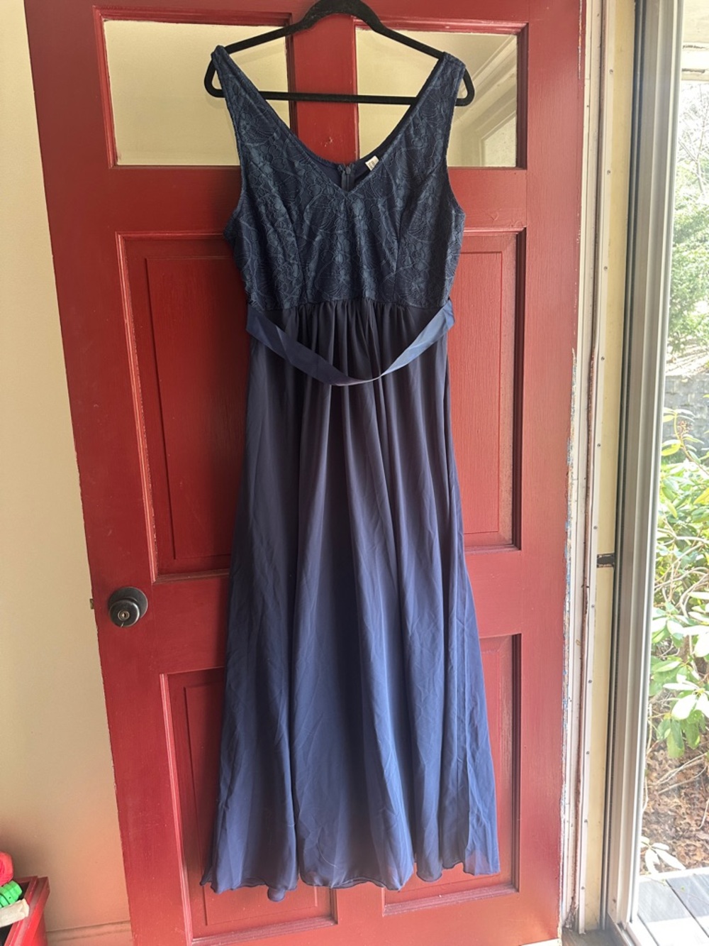 Navy Lace & Chiffon V-Neck Evening Dress